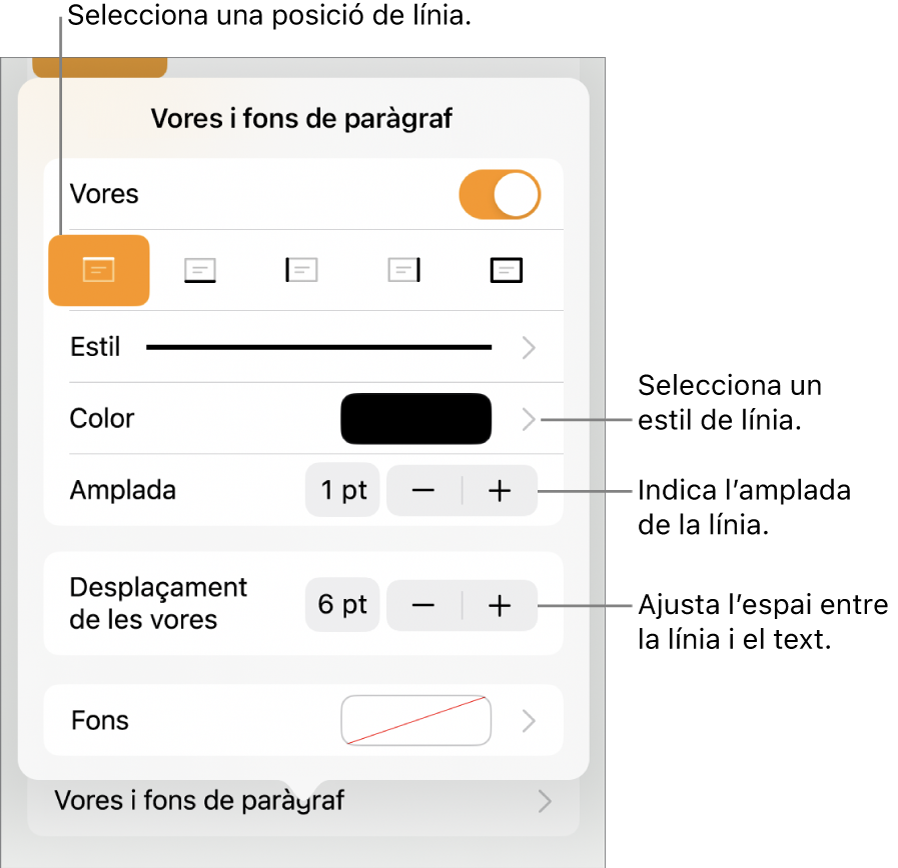 Controls per canviar l’estil, el gruix, la posició i el color de la línia.