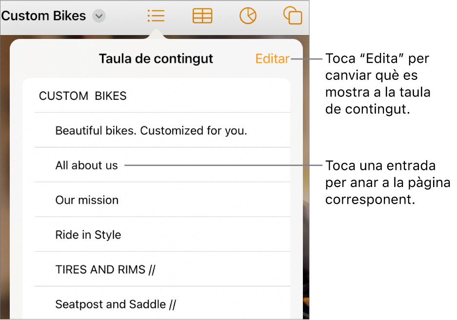 La vista de taula de contingut amb entrades en una llista. El botó “Edita” a l’angle superior dret de la visualització.