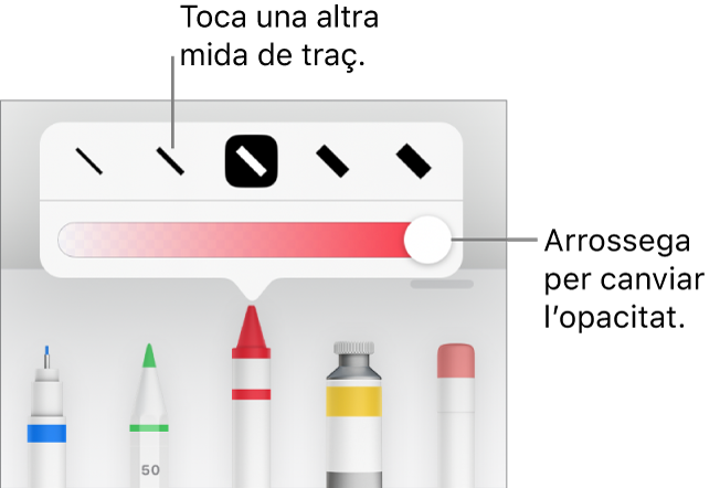 Controls per triar una mida de traç i un regulador per ajustar‑ne l’opacitat.