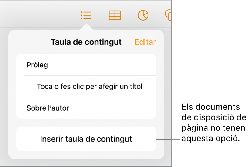 La vista “Taula de continguts” amb “Edita” a l’angle superior dret, entrades de la taula de continguts i el botó “Insereix una taula de continguts” a la part inferior.