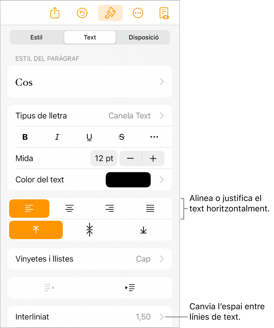 El botó “Controls de format” amb la pestanya Text seleccionada i llegendes per als botons d’alineació de text i a l’ítem de menú Interlineat.