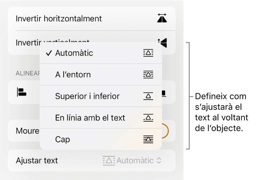 Els controls de format amb la pestanya “Organitza” seleccionada. A sota hi ha els controls de l’opció “Ajusta el text”, amb “Mou a sota/a sobre”, “Mou amb el text” i “Ajusta el text”.