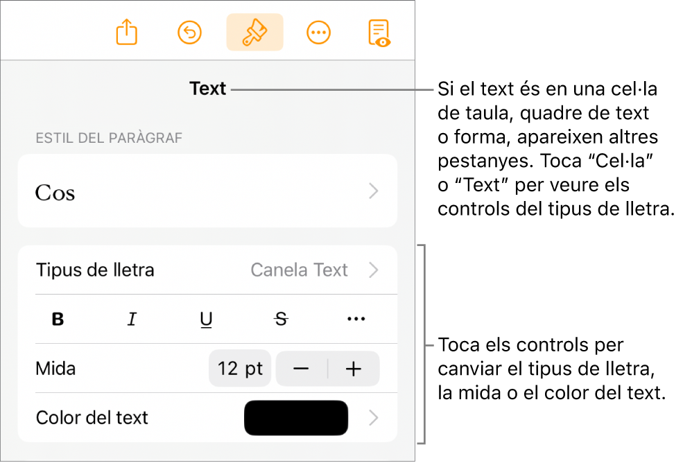 Controls de text al menú Format per definir els estils de paràgraf i de caràcter, el tipus de lletra, la mida i el color.