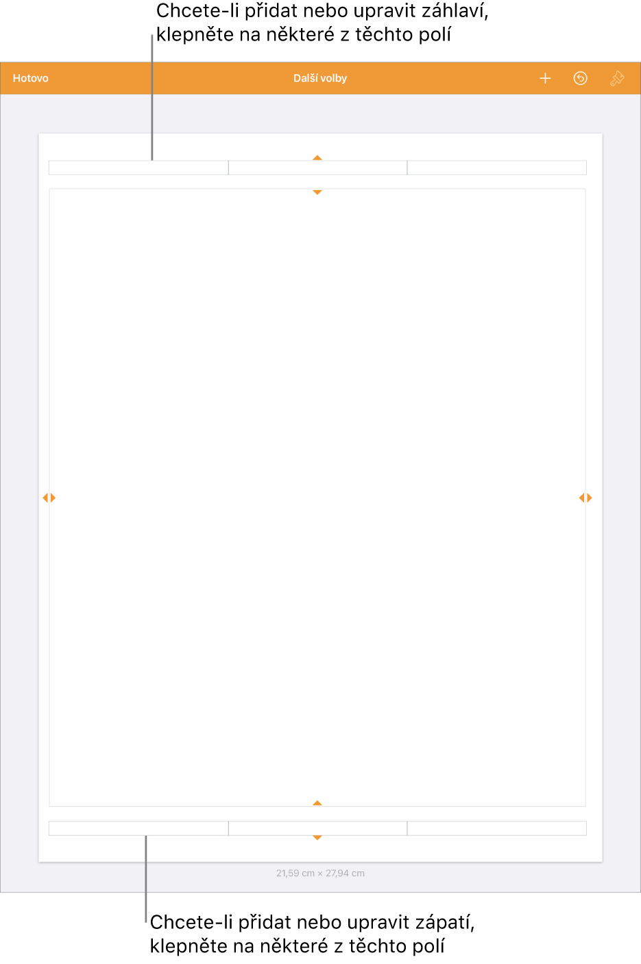 Zobrazení Další volby, v němž jsou u horního okraje dokumentu vidět tři pole pro záhlaví a u dolního okraje tři pole pro zápatí