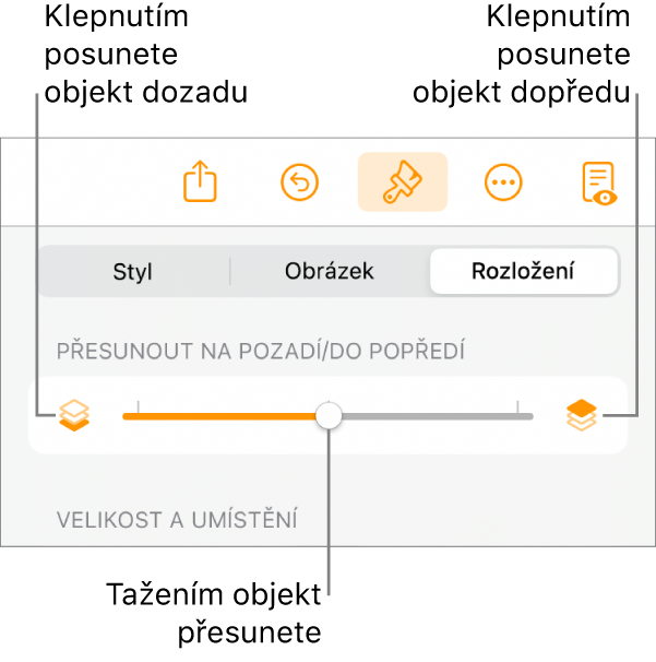 Tlačítko pro přesun vzad, tlačítko pro přesun vpřed a posuvník vrstev