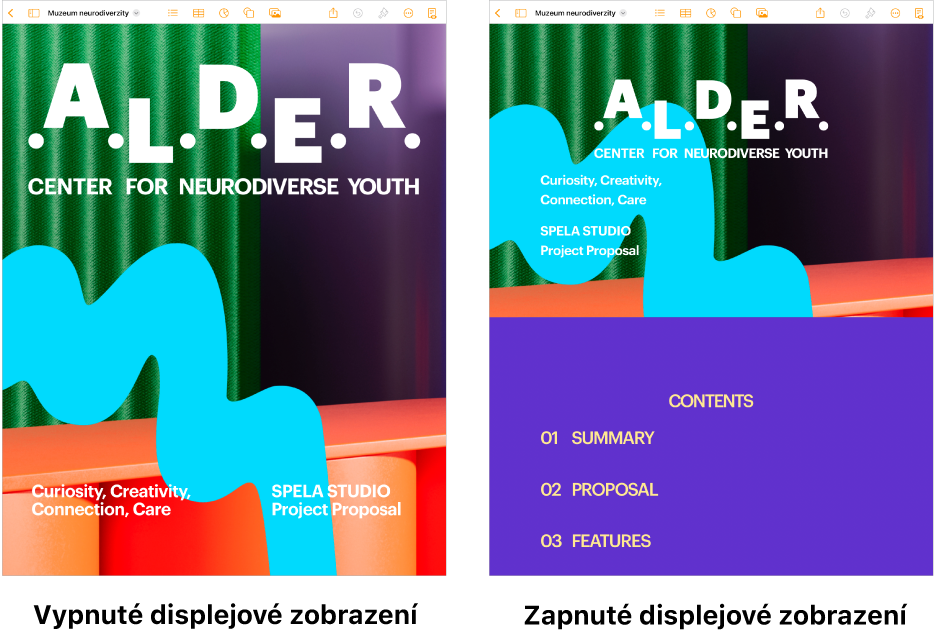 Dvě různá zobrazení stejného dokumentu Pages – jedno se zapnutým displejovým zobrazením a druhé s touto funkcí vypnutou V případě zapnutého displejového zobrazení se velikost textu upravuje podle displeje a zalomení stránek a záhlaví jsou skrytá