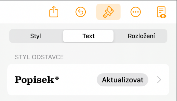 Styl odstavce Hlavní text s hvězdičkou; napravo je vidět tlačítko Aktualizovat