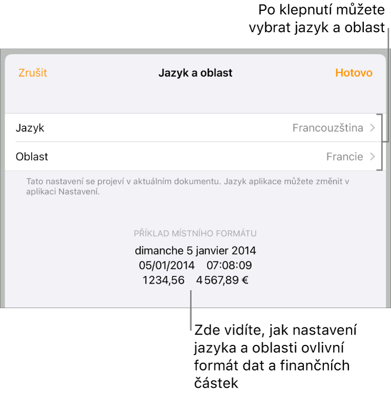 Panel Jazyk a oblast obsahující ovládací prvky pro jazyk a oblast a ukázku formátu, včetně data, času, desetinného oddělovače a měny.