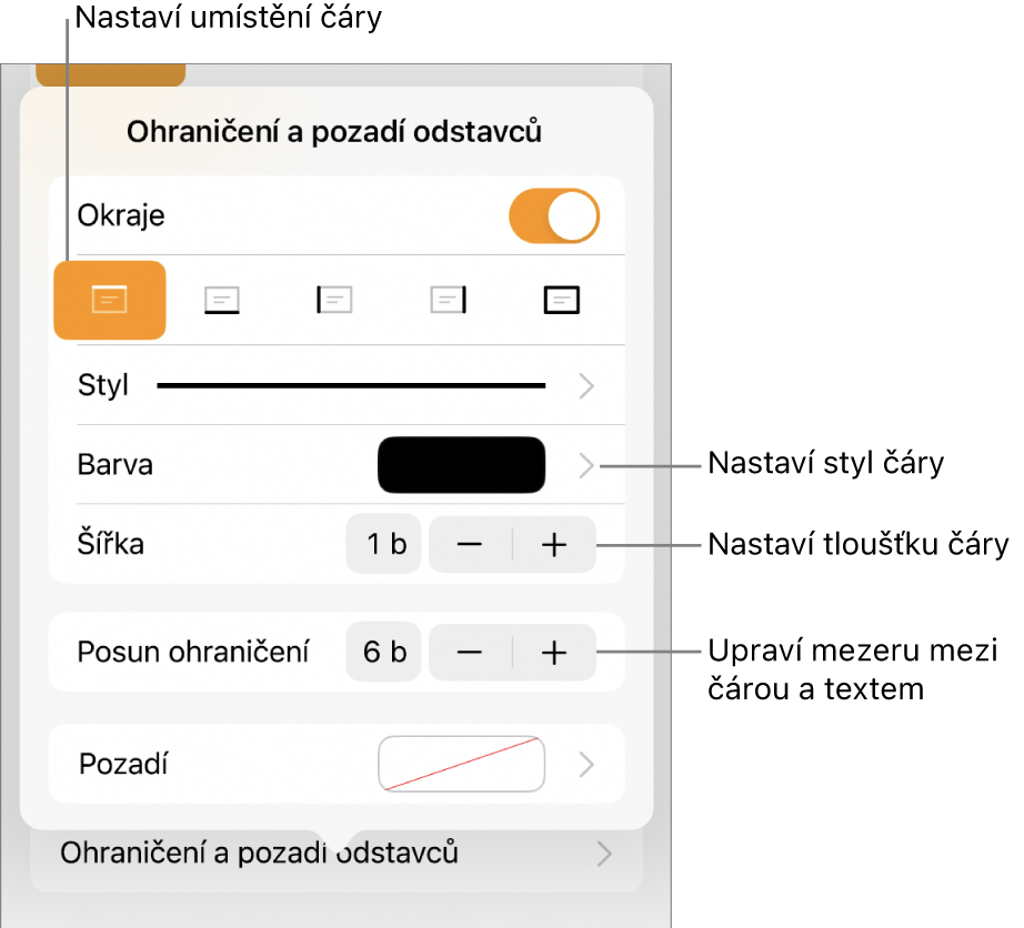 Ovládací prvky pro změnu stylu čáry, její tloušťky, umístění a barvy