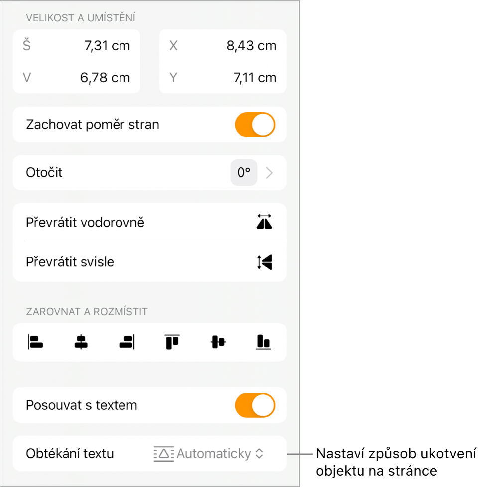 Ovládací prvky formátování s vybraným panelem Rozložení a s ovládacími prvky Přesunout na pozadí/do popředí, V textu a Obtékání textu