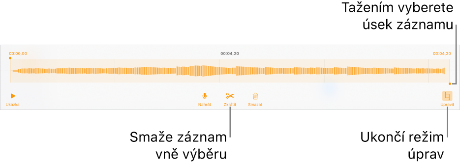 Ovládací prvky pro úpravu nahraného zvuku; vybraný úsek nahrávky je vyznačen pomocí úchytů a pod ním se nacházejí tlačítka Náhled, Zaznamenat, Zkrátit, Smazat a Režim úprav