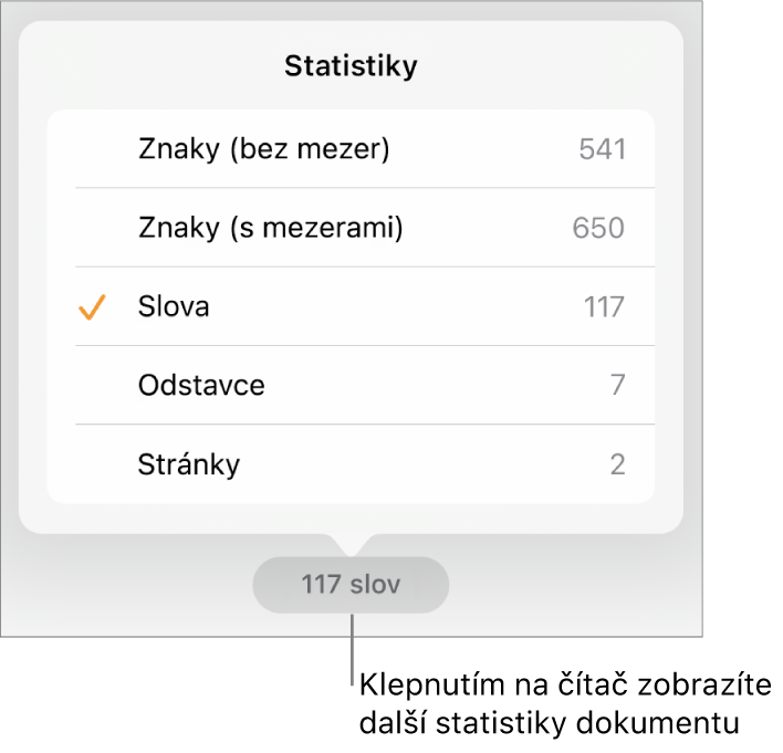 Rozbalená nabídka čítače slov ukazující volby pro zobrazení počtu znaků bez mezer a s mezerami, počet slov, počet odstavců a počet stránek.