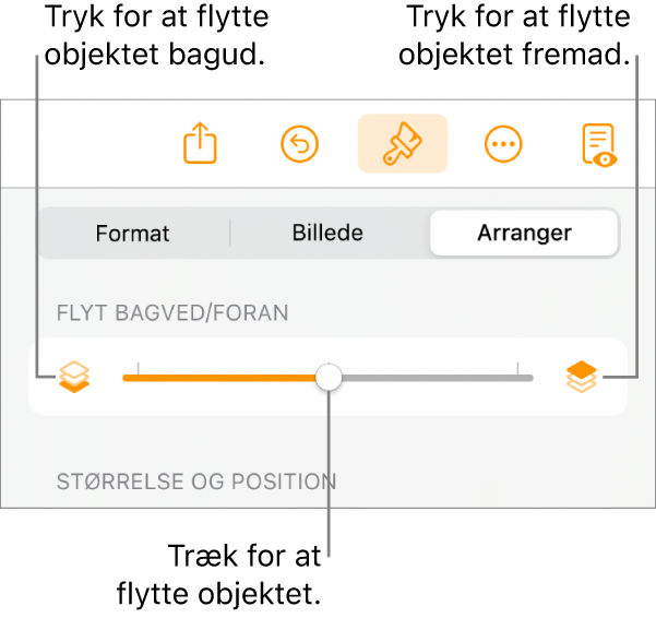 Knappen Flyt tilbage, knappen Flyt frem og mærket til lag.