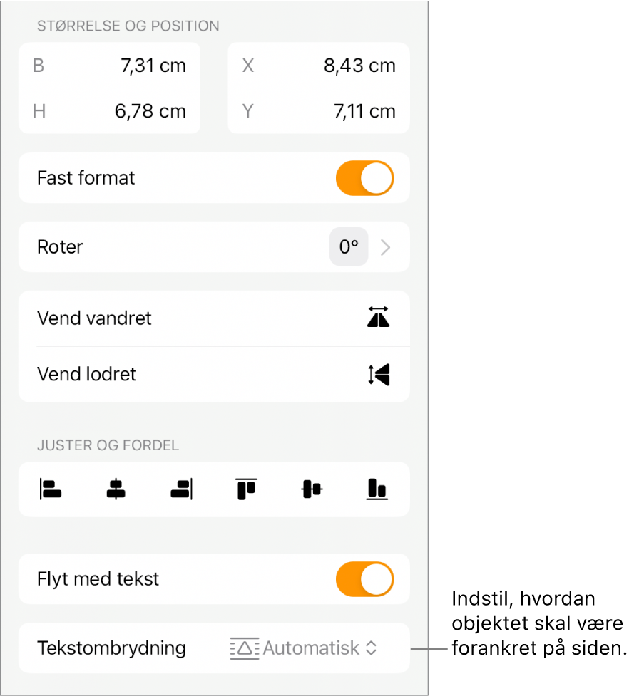 Betjeningsmulighederne til Format med fanen Arranger valgt og betjeningsmulighederne til Flyt bagved/foran, Flyt med tekst og Tekstombrydning.