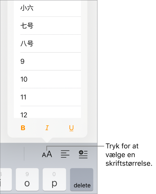 Knappen Skriftstørrelse i højre side af tastaturet på iPad og menuen Skriftstørrelse. De standardskriftstørrelser, der er fastlagt af regeringen i Kina, fastlandet, vises øverst på menuen efterfulgt af punktstørrelserne.