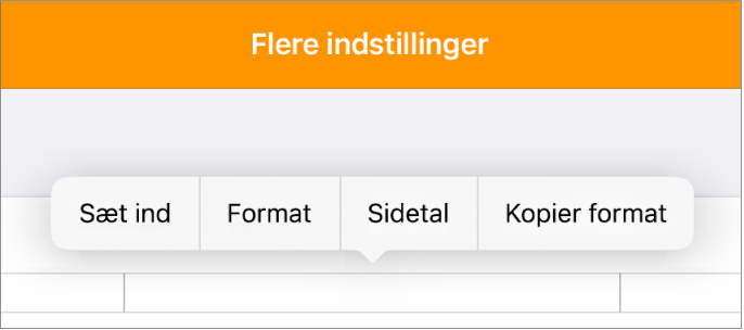 Tre felter til sidehovedet med indsætningsmærket i det midterste felt og en lokalmenu, der viser Sidetal.