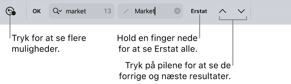 Betjeningsmulighederne til Find og erstat over tastaturet med billedforklaringer til knapperne Søgeindstillinger, Erstat, Gå op og Gå ned