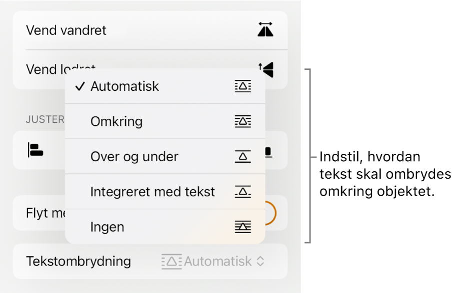 Betjeningsmulighederne til Format, hvor fanen Arranger er valgt. Herunder ses betjeningsmulighederne til Tekstombrydning med Flyt bagved/foran, Flyt med tekst og Tekstombrydning.