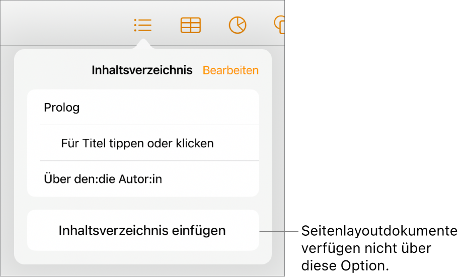 Die Darstellung „Inhaltsverzeichnis“ mit der Taste „Bearbeiten“ in der oberen rechten Ecke, den Einträgen des Inhaltsverzeichnisses und der Taste „Inhaltsverzeichnis einfügen“ ganz unten.
