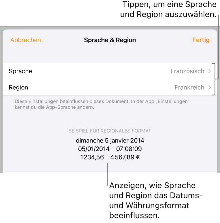 Das Fenster „Sprache & Region“ mit Einblendmenüs für Sprache und Region sowie einem Formatierungsbeispiel für Datum, Uhrzeit, Dezimalstellen und Währung.