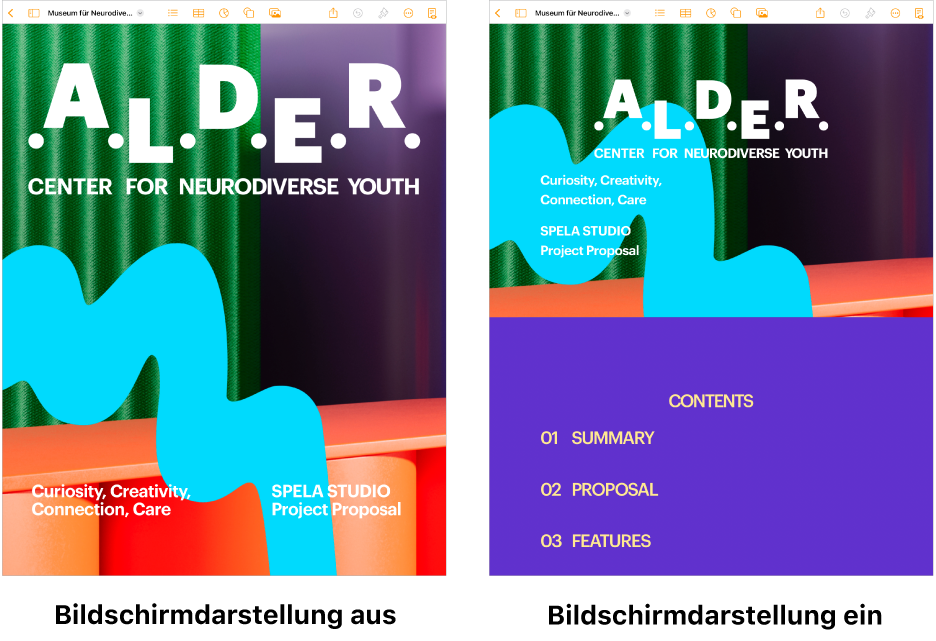 Zwei Ansichten desselben Pages-Dokuments – in einer Ansicht ist der Modus „Bildschirmansicht“ aktiviert, in der anderen deaktiviert. In der Version, bei der „Bildschirmansicht“ aktiviert ist, wird die Textgröße dem Bildschirm entsprechend angepasst und Zeilenumbrüche und Kopfzeilen werden ausgeblendet.