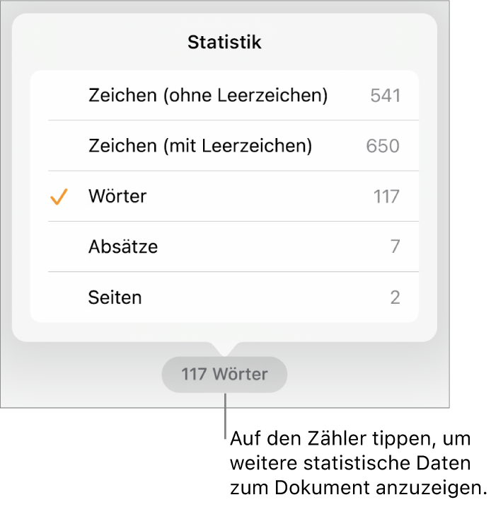 Der Wortzähler mit einem Menü, das Optionen zum Anzeigen der Zahl der Zeichen ohne und mit Leerzeichen, die Wortanzahl, die Zahl der Absätze und die Zahl der Seiten anzeigt