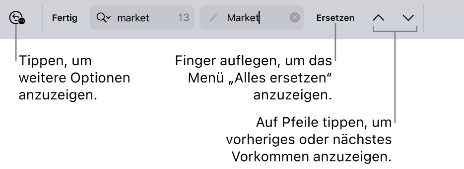 Die Steuerelemente „Suchen & Ersetzen“ über der Tastatur mit Beschreibungen zur Taste für Suchoptionen, zur Taste „Ersetzen“ und zu den Aufwärts- und Abwärts-Tasten