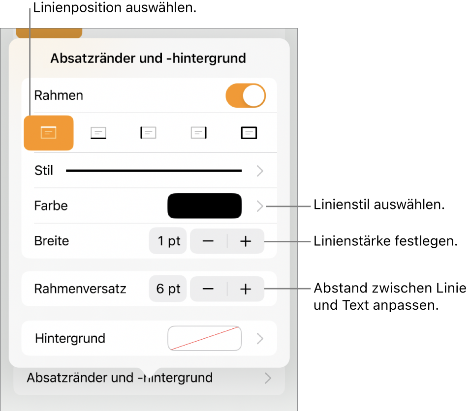 Steuerelemente, um Stil, Stärke, Position und Farbe der Linie zu ändern.