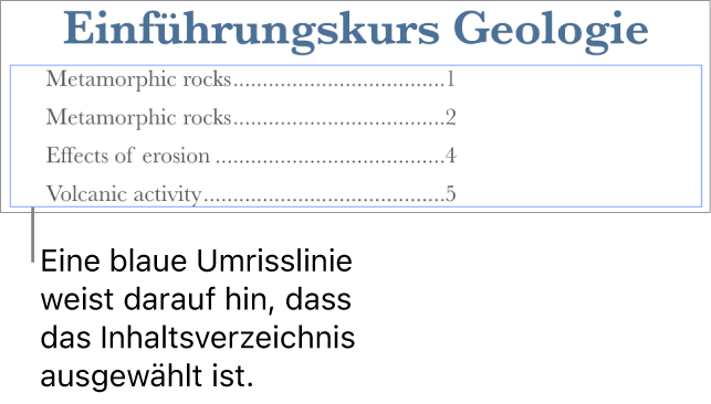 Ein in ein Dokument eingefügtes Inhaltsverzeichnis. Die Einträge umfassen die Überschriften und die Seitenzahlen.