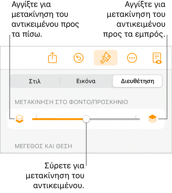 Το κουμπί Μετακίνησης προς τα πίσω, το κουμπί Μετακίνησης προς τα εμπρός, και το ρυθμιστικό διαστρωμάτωσης.