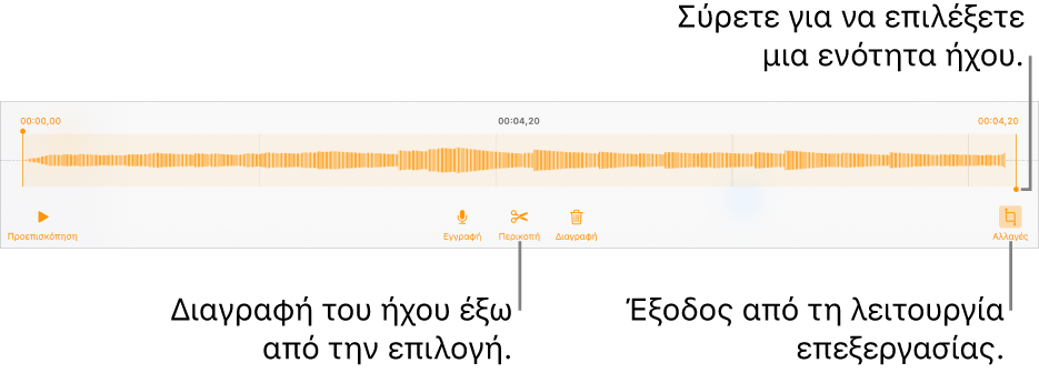 Στοιχεία ελέγχου για επεξεργασία ήχου εγγραφής. Λαβές που υποδεικνύουν την επιλεγμένη ενότητα της εγγραφής και τα κουμπιά «Προεπισκόπηση», «Περικοπή», «Διαγραφή» και «Επεξεργασία» από κάτω.