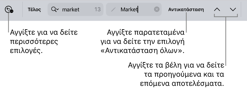 Τα στοιχεία ελέγχου «Εύρεση και αντικατάσταση» πάνω από το πληκτρολόγιο με επεξηγήσεις για τα κουμπιά «Επιλογές αναζήτησης», «Αντικατάσταση», «Μετάβαση πάνω» και «Μετάβαση κάτω»
