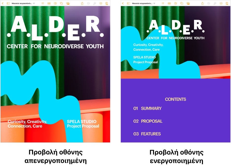 Δύο προβολές του ίδιου εγγράφου Pages, μία με την Προβολή οθόνης ενεργοποιημένη και μία με την Προβολή οθόνης απενεργοποιημένη. Στην εκδοχή με ενεργοποιημένη την Προβολή οθόνης, το μέγεθος κειμένου προσαρμόζεται για την οθόνη, ενώ οι αλλαγές σελίδας και οι κεφαλίδες αποκρύβονται.