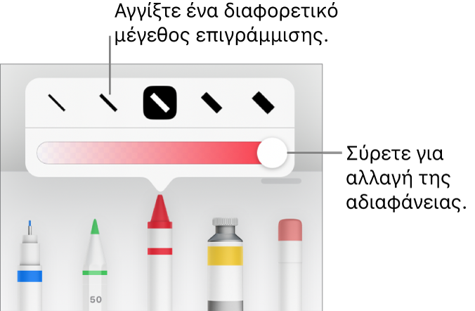 στοιχεία ελέγχου για επιλογή μεγέθους επιγράμμισης και ρυθμιστικό για προσαρμογή της αδιαφάνειας.