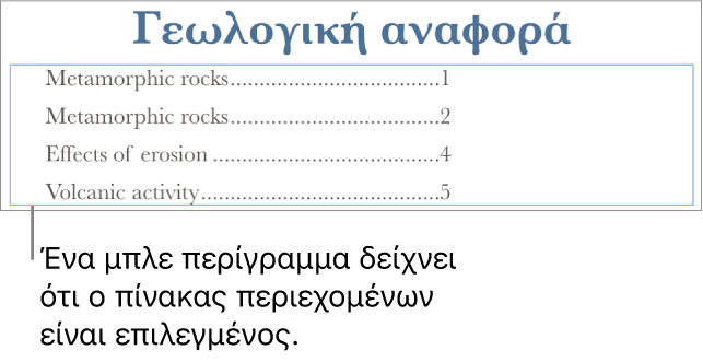 Πίνακας περιεχομένων που έχει προστεθεί σε ένα έγγραφο. Οι καταχωρίσεις εμφανίζουν τις επικεφαλίδες μαζί με τους αριθμούς σελίδων τους.