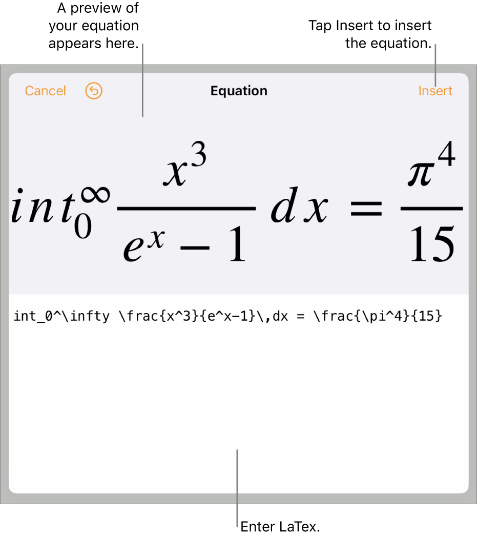 The Equation dialogue, showing an equation written using LaTex commands and a preview of the formula above.