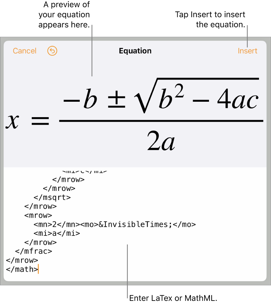 The Equation dialogue, showing an equation written using MathML commands and a preview of the formula above.
