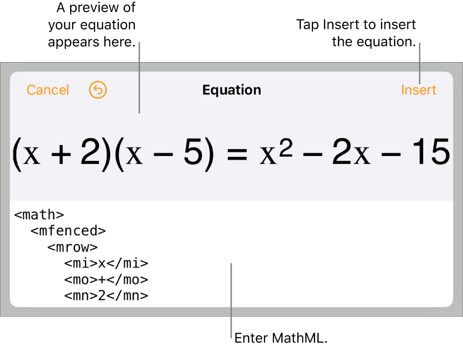 The Equation dialogue, showing an equation written using MathML commands and a preview of the formula above.