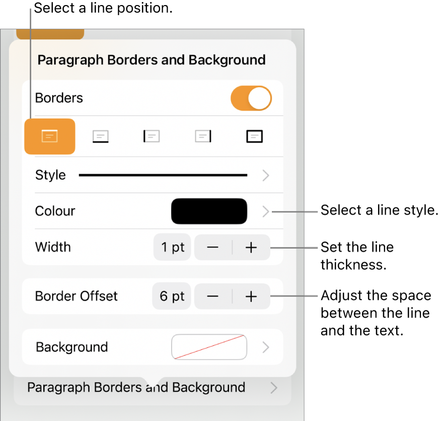 Controls to change the line style, thickness, position and colour.
