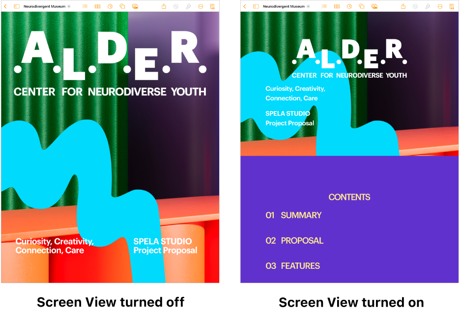 Two views of the same Pages document, one with Screen View turned on and one with Screen View turned off. In the version with Screen View turned on, text size is adjusted for the screen and page breaks and headers are hidden.