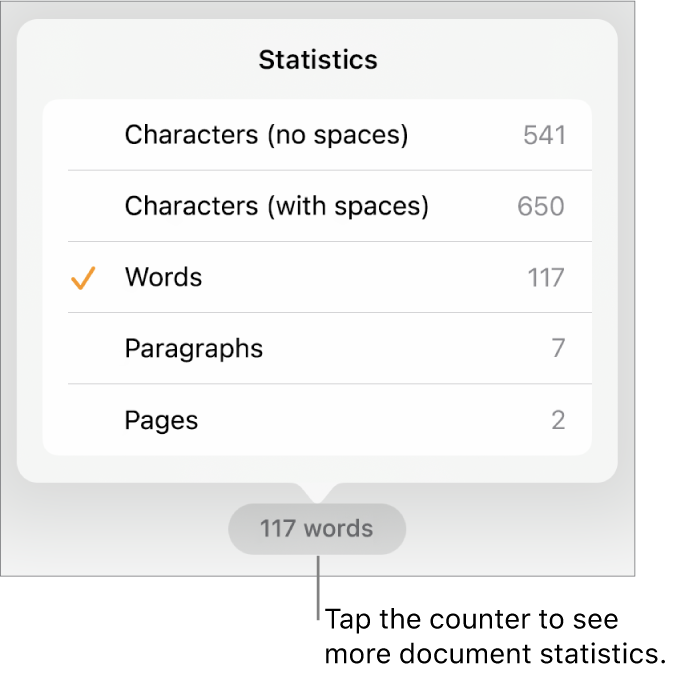 The word counter with a menu showing options to show the number of characters without and with spaces, word count, paragraph count and page count.