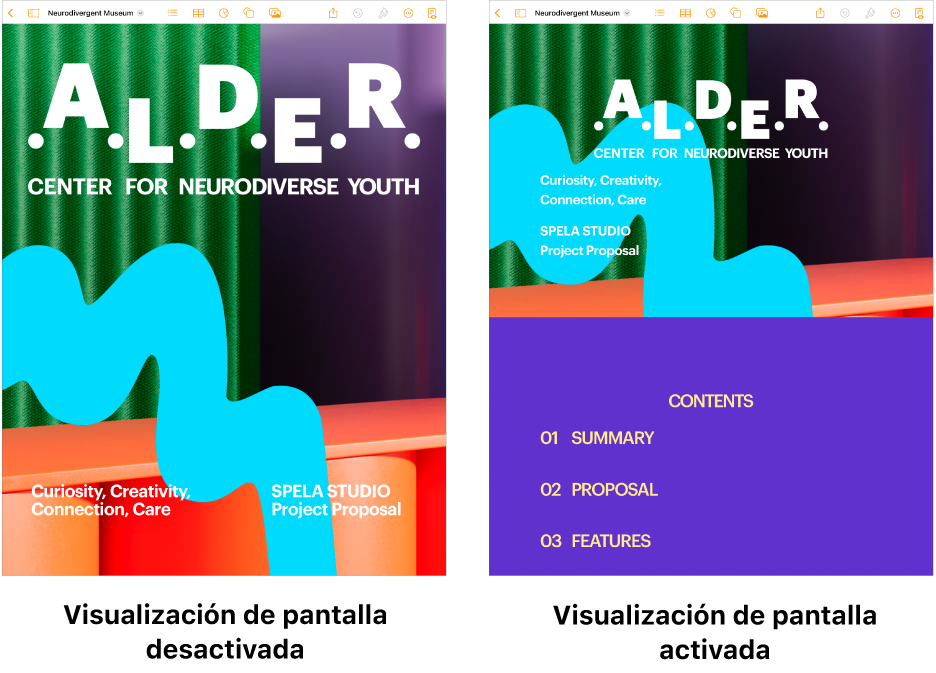 Dos versiones del mismo documento de Pages: uno con la visualización de pantalla activada y otro con la visualización de pantalla desactivada. En la versión con la visualización de pantalla activada, el tamaño del texto se ajusta para la pantalla, y se ocultan los saltos de página y encabezados.