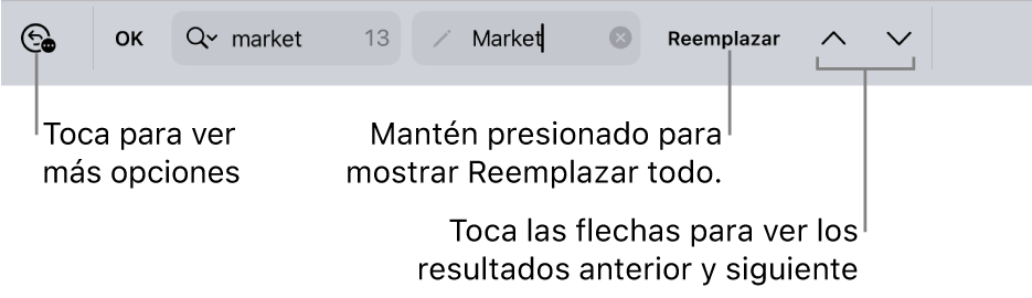 Los controles Buscar y reemplazar arriba del teclado con mensajes en los botones Opciones de Búsqueda, Reemplazar, Subir y Bajar
