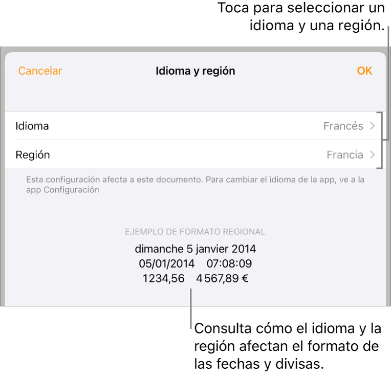 El panel Idioma y región con controles para el idioma y la región, y un ejemplo de formato que incluye una fecha, una hora, y formatos decimales y de moneda.