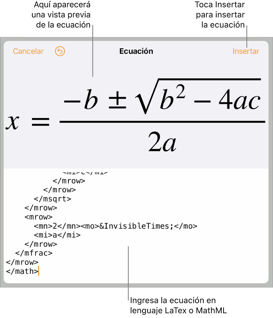 El cuadro de diálogo Ecuación con una ecuación escrita con comandos de MathML y una vista previa de la fórmula encima.