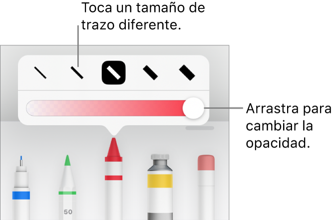 Controles para elegir el tamaño del trazo y selector para ajustar la opacidad.