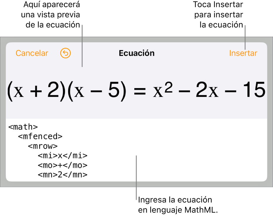El cuadro de diálogo Ecuación con una ecuación escrita con comandos de MathML y una vista previa de la fórmula encima.