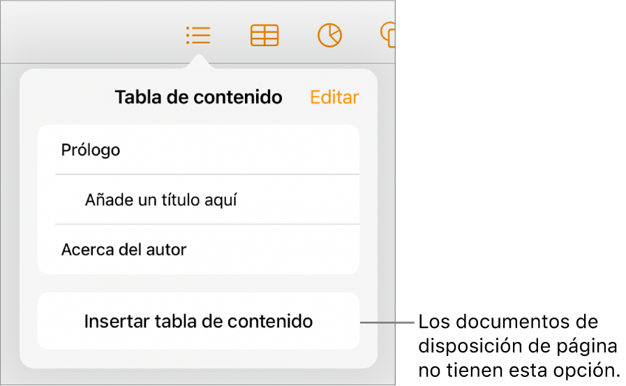 La visualización de la tabla de contenido con Editar en la esquina superior derecha, entradas de tabla de contenido y el botón “Insertar tabla de contenido” en la parte inferior.