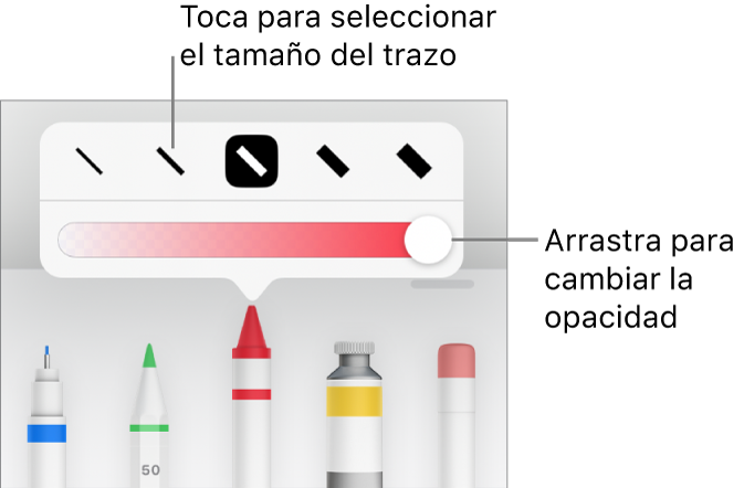 Controles para seleccionar un tamaño de trazo y un regulador para ajustar la opacidad.