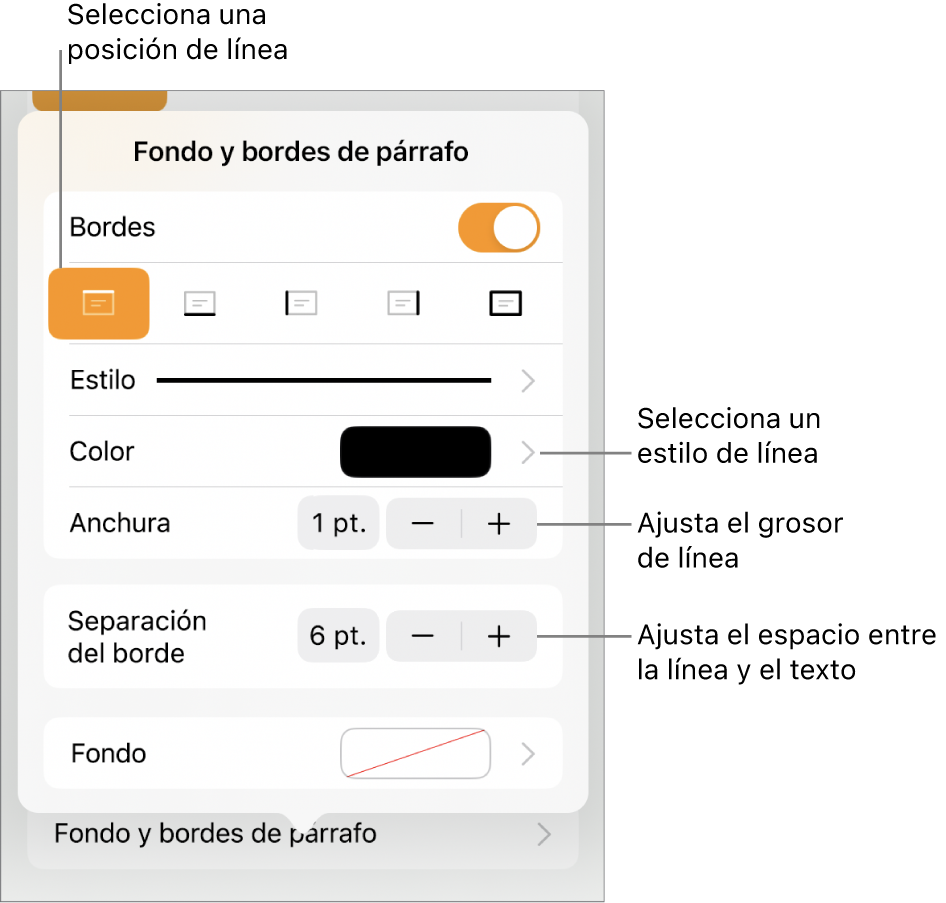 Controles para cambiar el estilo de línea, grosor, posición y color.